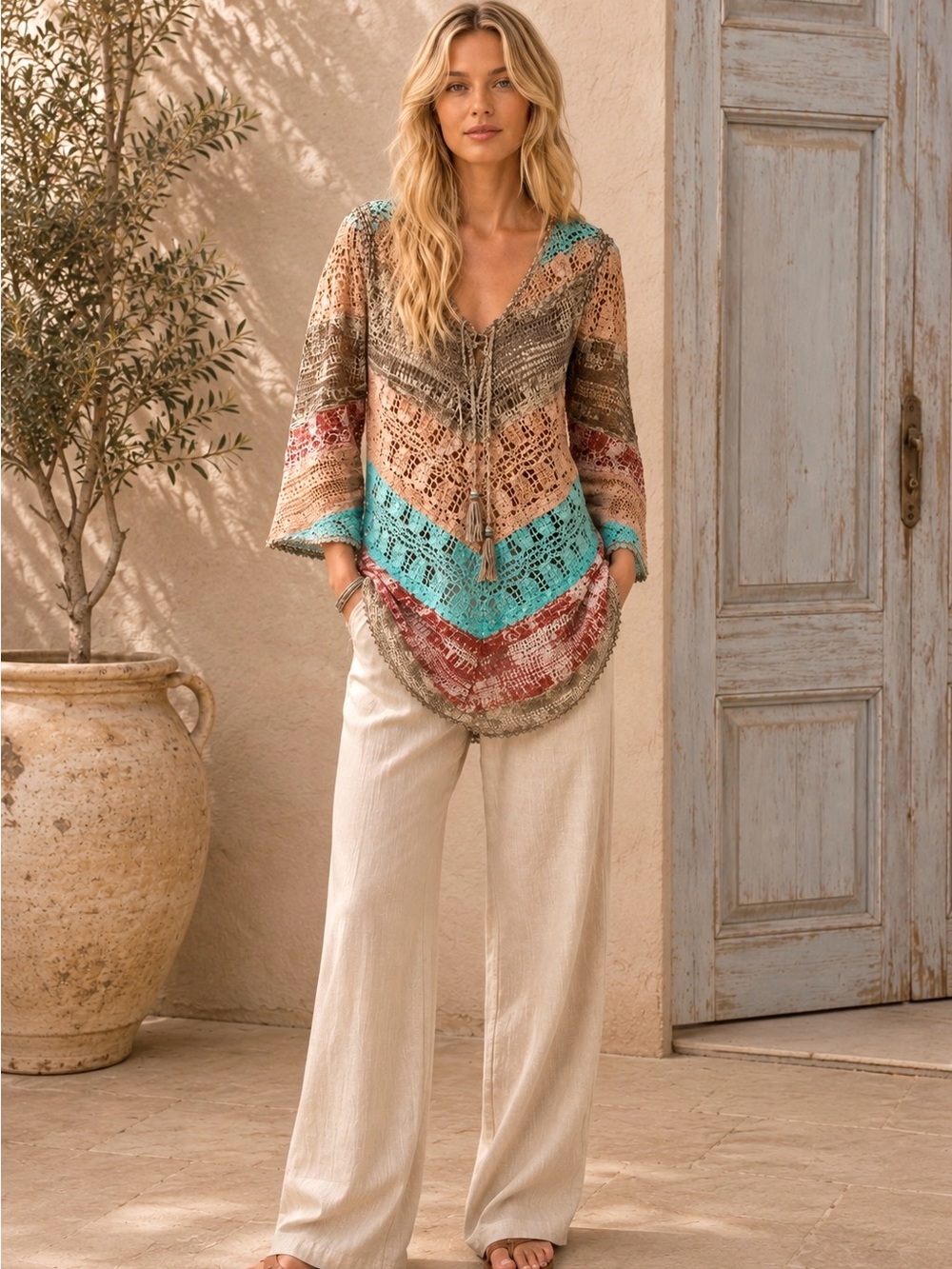Soft Surroundings Boho Earthy Open Knit Tunic Top Size XL